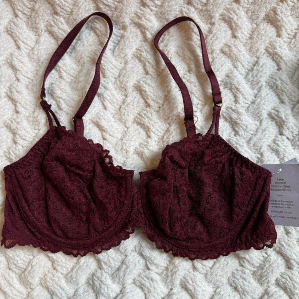 Auden Lace Unlined Comfort Wire Balconette Bra Burgundy Wine 34B NEW